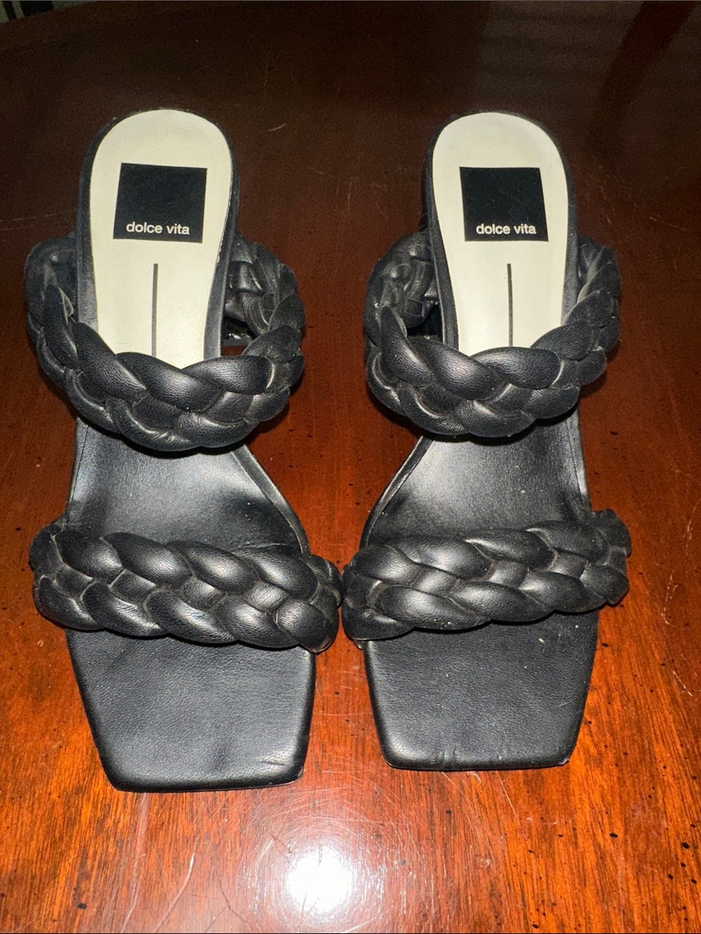 Dolce Vita Black Braided Double-Strap Square-Toe Heels